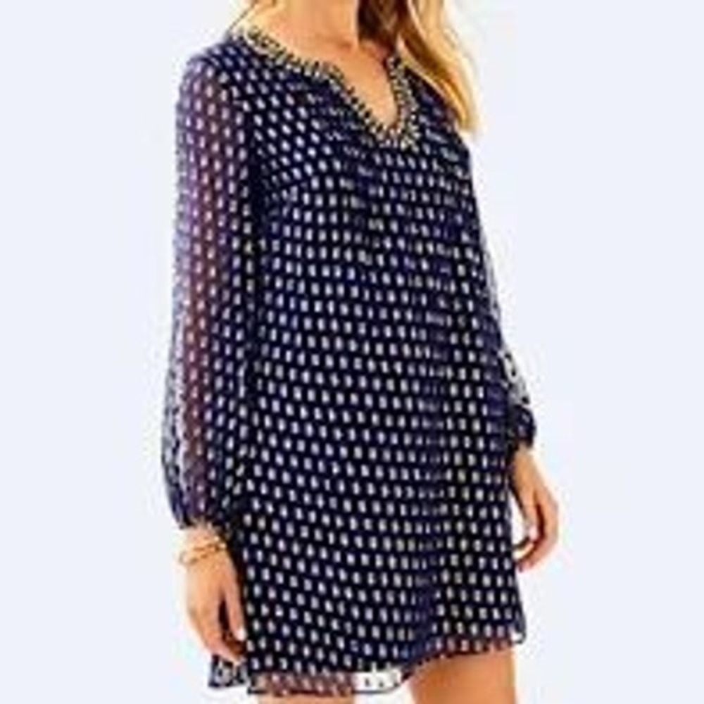 Lilly‎ Pulitzer Size 0 Navy Blue and Gold Silk Colby Beaded Tunic Dress